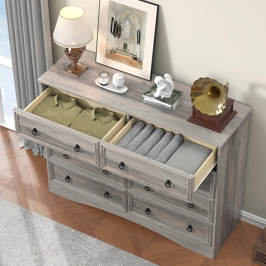 Grey 8 Drawer Dresser, Wood Chest of Drawers, Large Storage for Clothes, Vintage Design, 47.24W*15.75D* 39.4''H