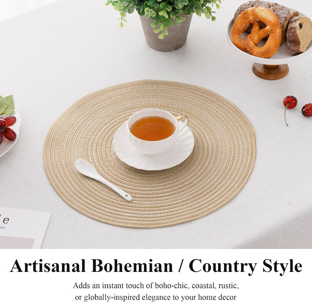 Round Braided Placemats Washable Place Mats for Dining Tables 15 inch Non Slip Kitchen Table Mats (Beige, 4) - Set of 4