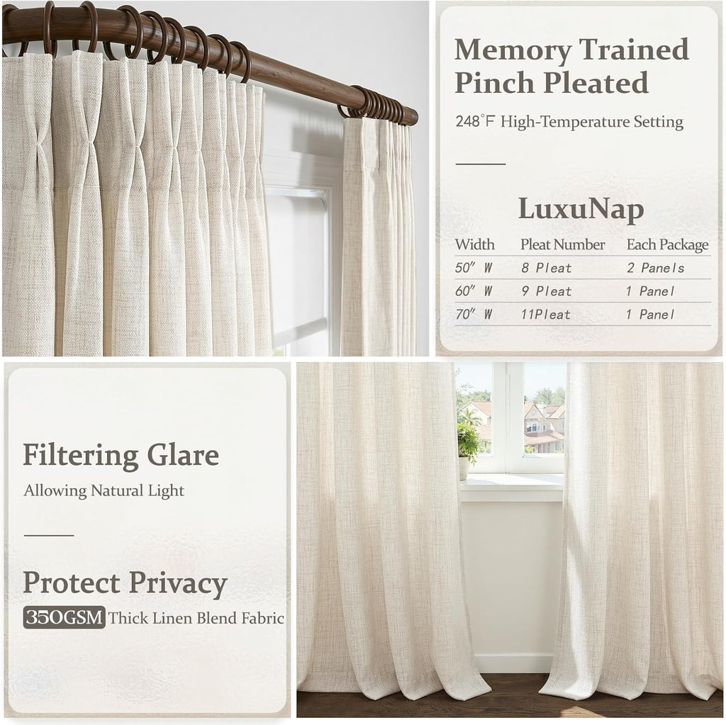 Pinch Pleated Linen 50 Inch Wide Curtains 96 Inches Long, Memory Trained Pleat Boho Semi Sheer Birch Light Filtering