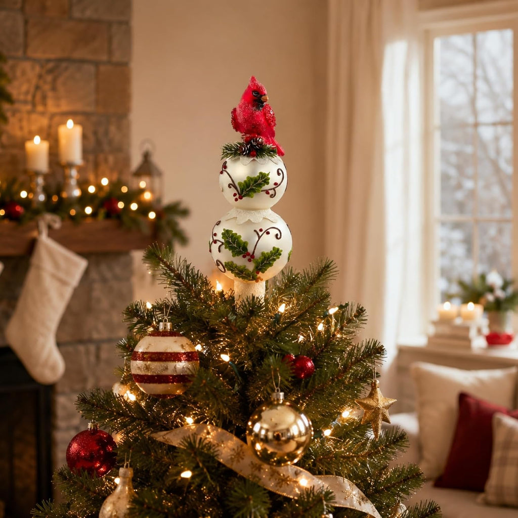 Glass Holly Cardinal Christmas Tree Topper 12 Inch