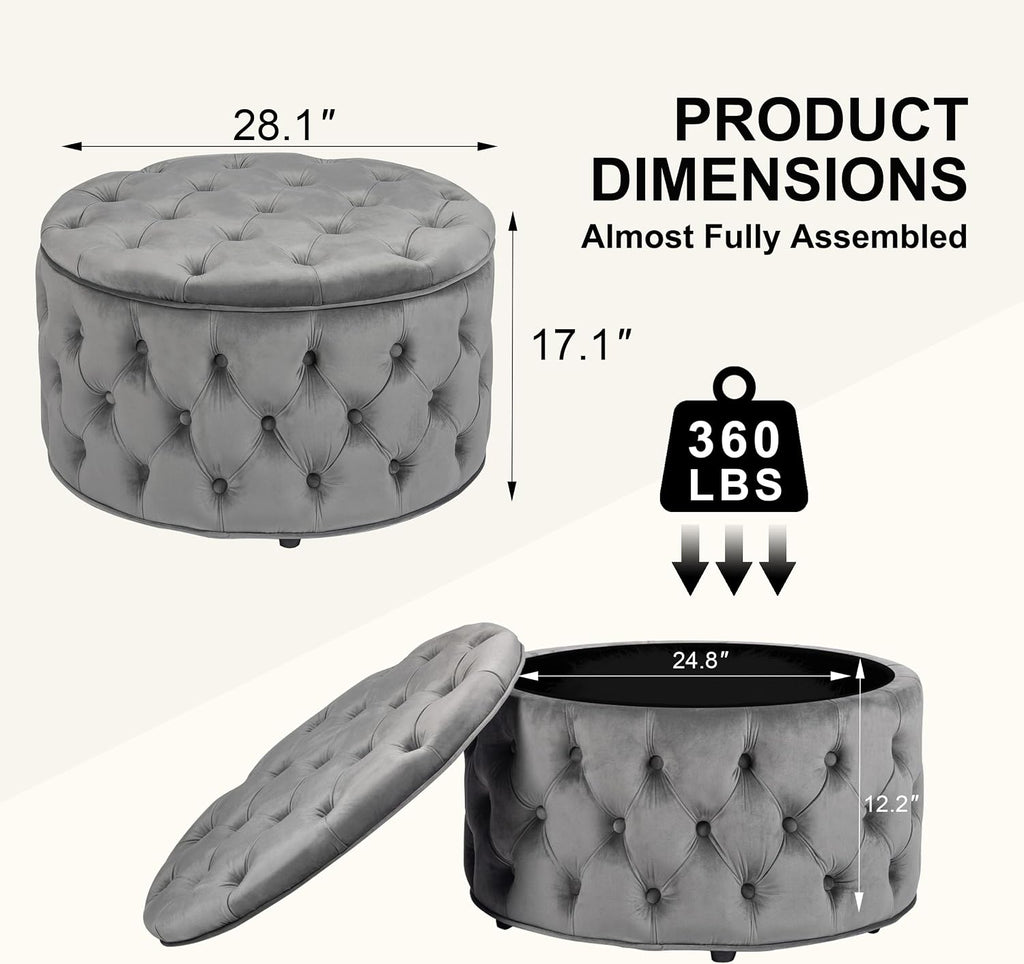 28 Inch Round Storage Ottoman, Velvet Button Tufted Ottoman, Removable Lid Coffee Table, Upholstered Hidden Storage