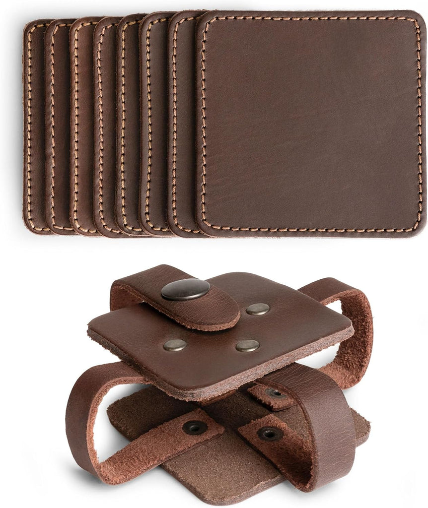 Leather Coasters, Premium Leather Table Protection for Drinks, Elegant Accessory, Protects Surfaces, Bourbon - Set of 8