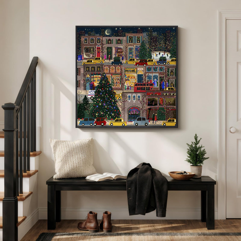 Framed Modern Urban Landscape Wall Art, Square Multi Color Canvas Prints Paintings, Contemporary Cityscape and Trees