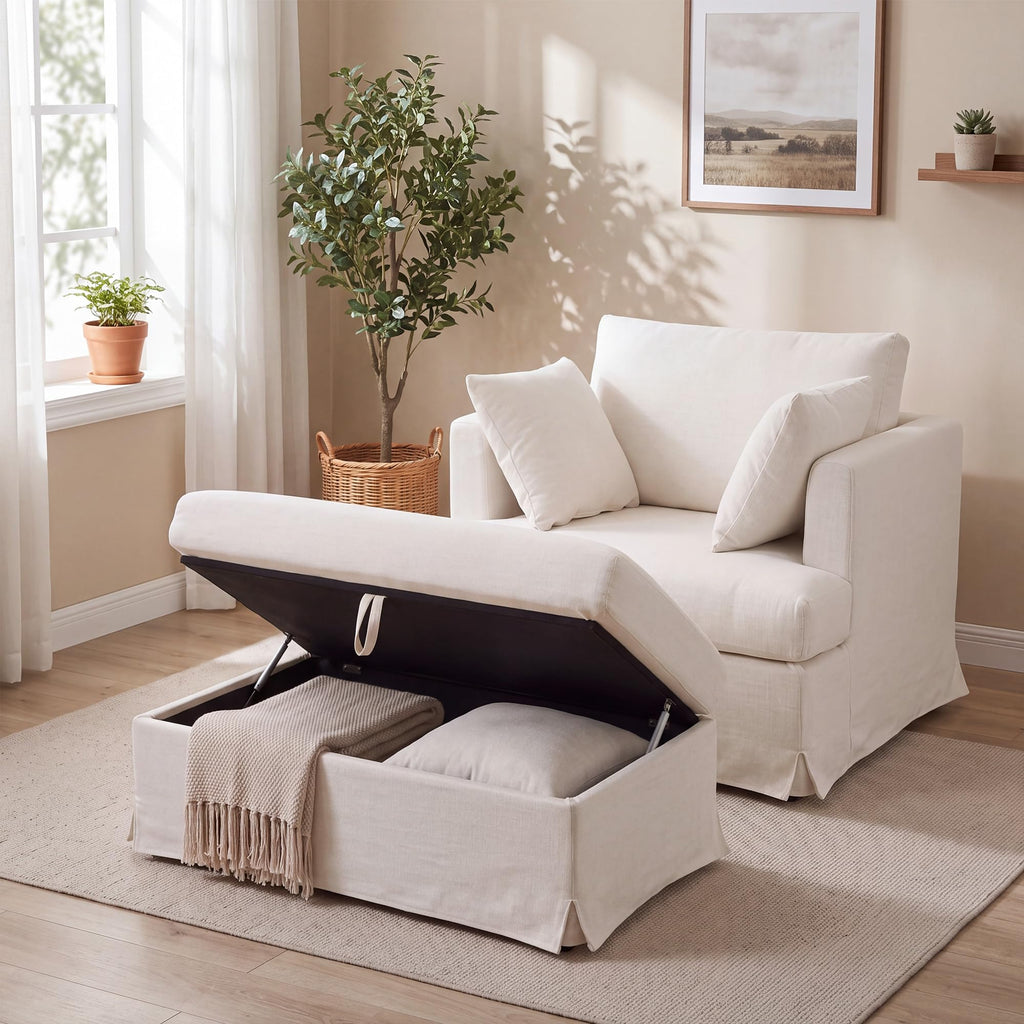 Coastal Accent Armchair with Storage Ottoman, 40.2", Chenille, Beige