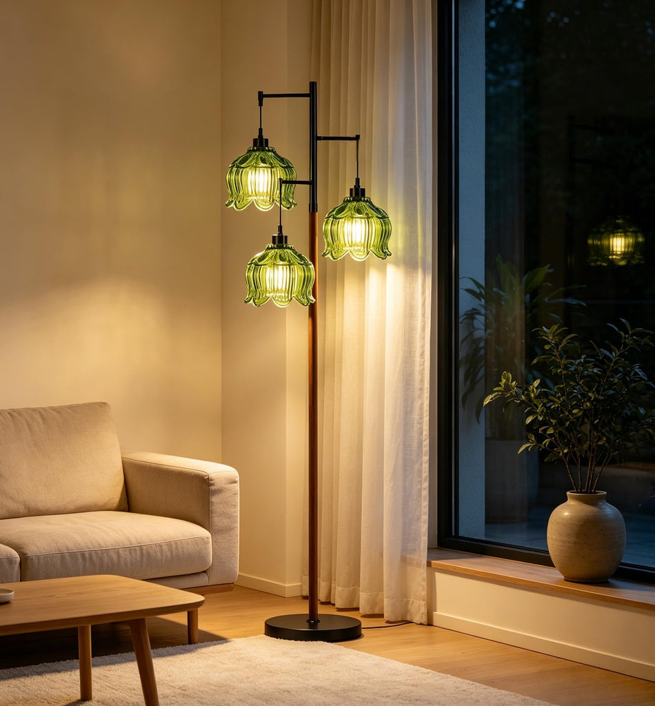 Glass Floor Lamp, Stained Green Mid Century Modern Standing Lamp Wood Tree 3 Light Tall Floor Lamps Vintage Retro