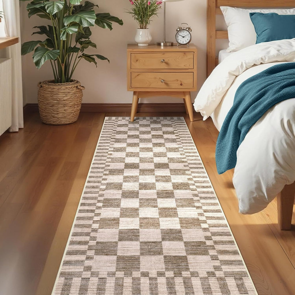 2x6 Kitchen Runner Rug Non Slip Washable Runner Rug | Brown Checkered Rug Soft Low-Pile Geometric Tan Print Modern