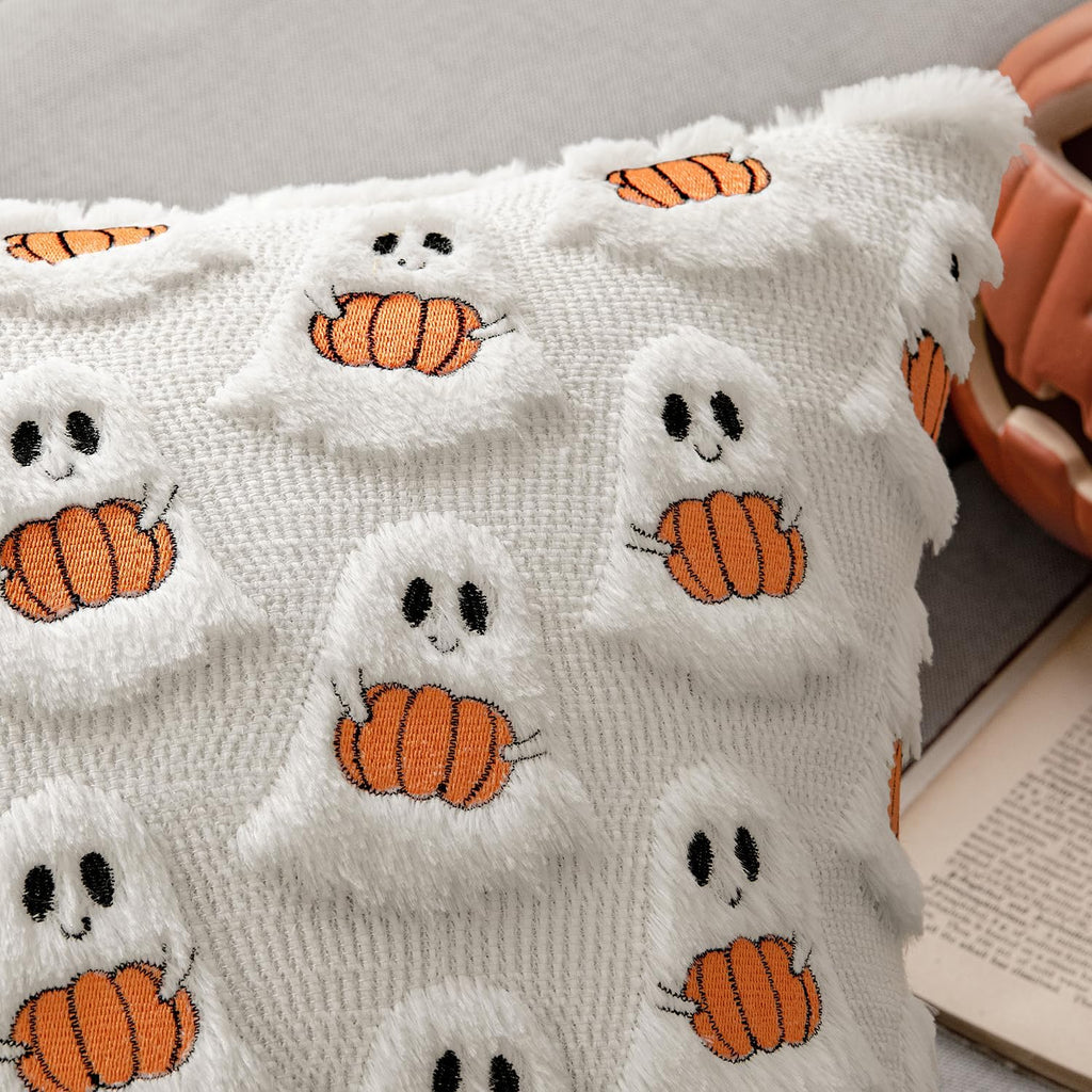 Halloween Pillow Covers Decorative Fall Cute Ghost Plush Faux Fur Pillows 18x18 Inch Soft Pumpkin Accents - Set of 2