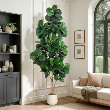 7 ft Fiddle Leaf Fig Tree Artificial with 141 Leaves - Realistic Faux Ficus Lyrata Trees in 9 in White Planter Pot