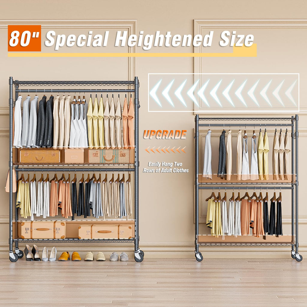 Heavy Duty Rolling Clothing Rack, Adjustable Garment Rack with 3 Tier Storage Shelves, Freestanding Closet Wardrobe