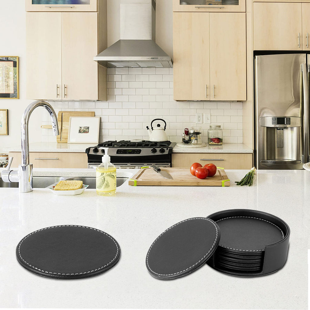 Set of 6 Round Leather Coasters for Drinks with Holder, 4" (Brown)