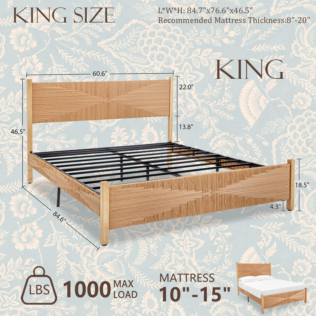 King Size Rattan Bed Frame, Boho Wicker Headboard, Natural Oak