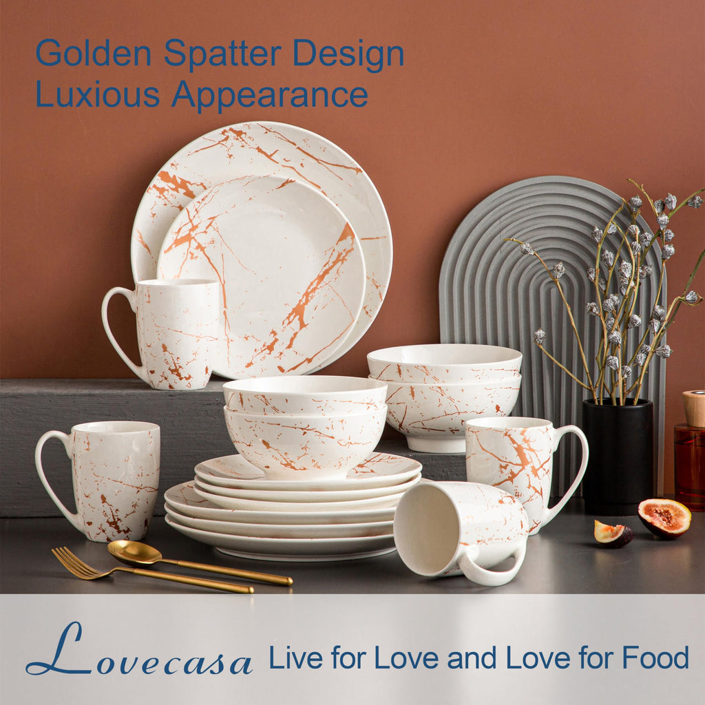 White Dinnerware Sets for 4, 16 Piece Porcelain Dish Set Plates and Bowls Sets, Gold Splash Glaze Ceramic Dinner Set
