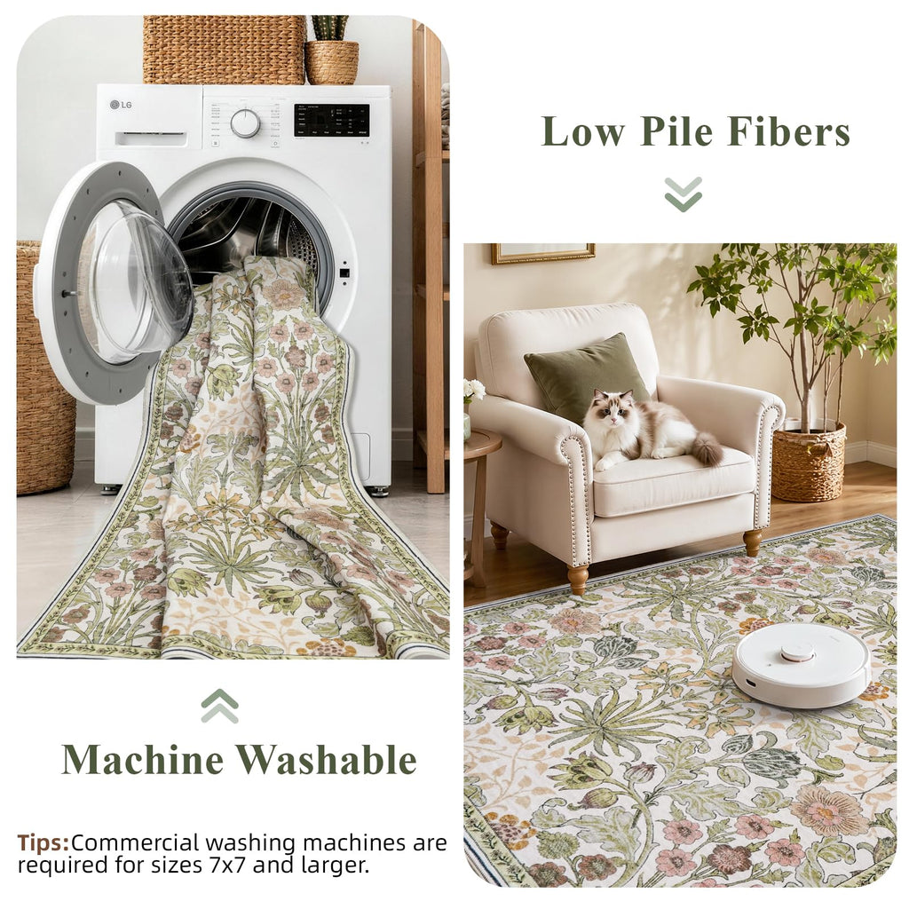Floral Runner Rug s: Non-Slip Machine Washable Long Rugs Boho Soft Rugs, Laundry, Bedroom, Bathroom - Botanical