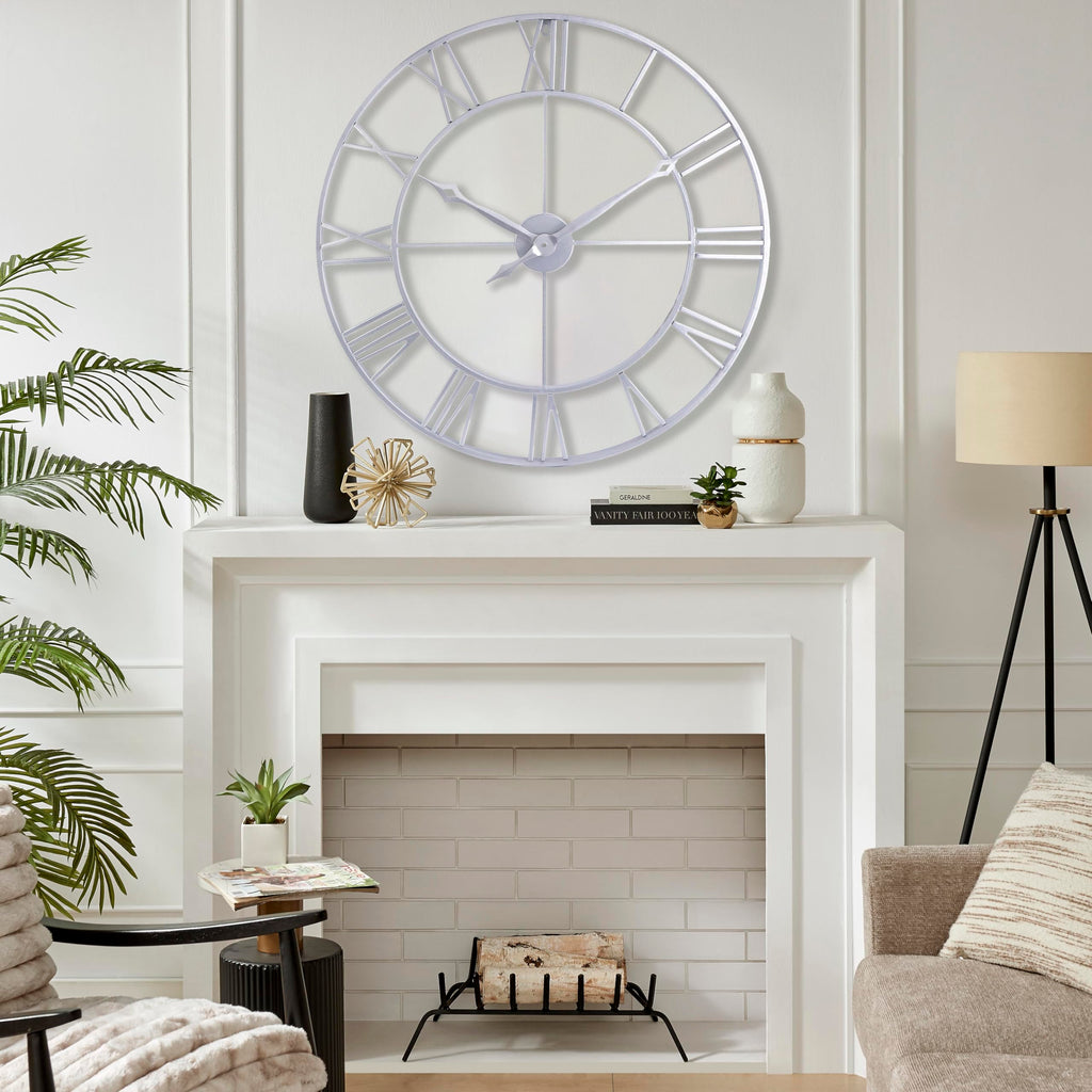 Large 30 Inch Wall Clock Decor, Silver Roman Numeral