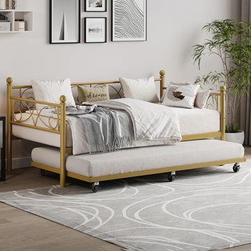 Daybed with Trundle Bed, Twin Size Day Bed with Floral Headboard, Metal Sofa Bed Frame with Pull-Out Trundle, Heavy