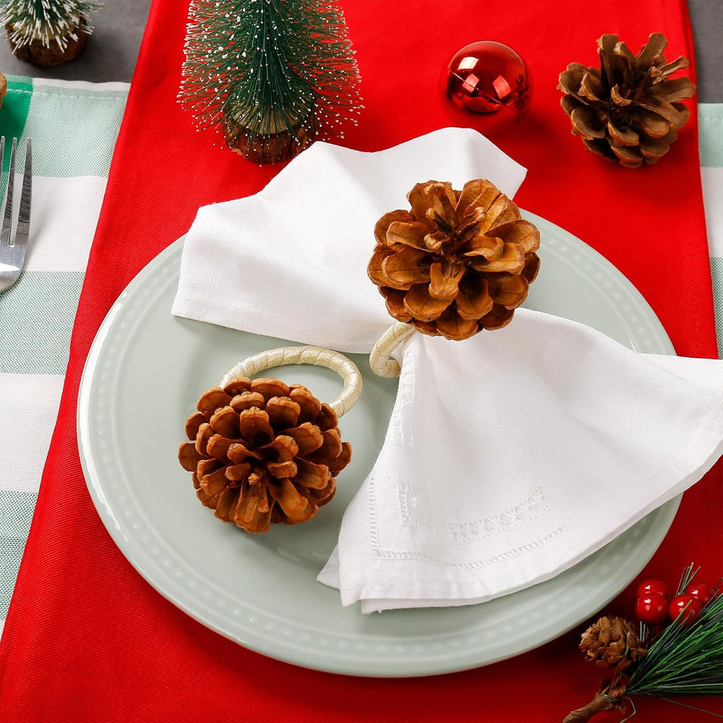 Christmas Napkin Rings, Pinecone Napkin Rings, Handmade Cloth Napkin Holder with Cloth Buckles - Set of 8