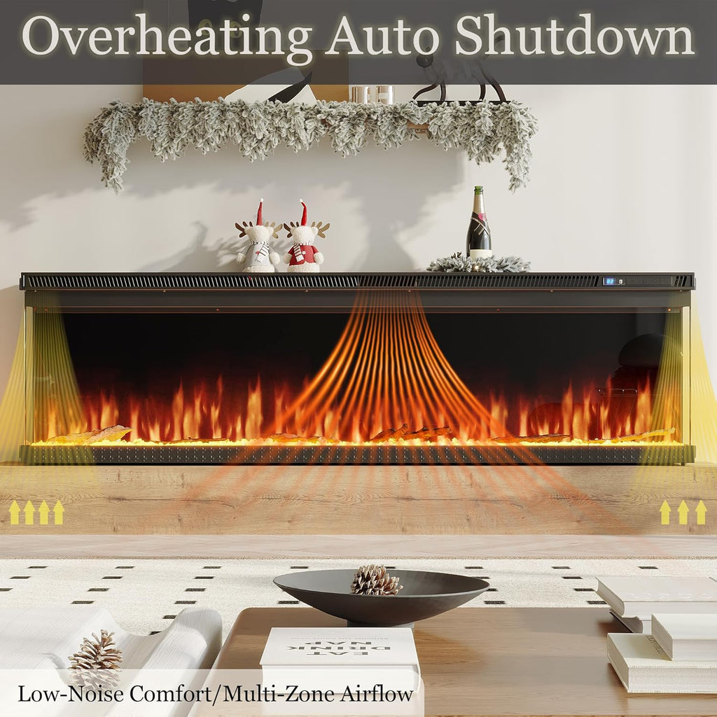 72”W 3-Sided Glass Electric Fireplace Insert, Recessed & Wall Mount Fireplace Heater with Remote, 8 H Timer