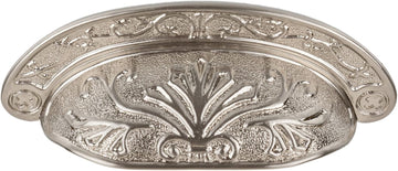 Baroque Scroll Work Brushed Nickel Drawer Bin Pull | Centers: 2 1/2" | Cup Pull Handle for Antique Cabinet Door