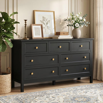 Black Dresser with Gold Handle Modern 7 Drawer Dresser, Wood Chest of Drawer Closet Clothes Storage Organizer, TV