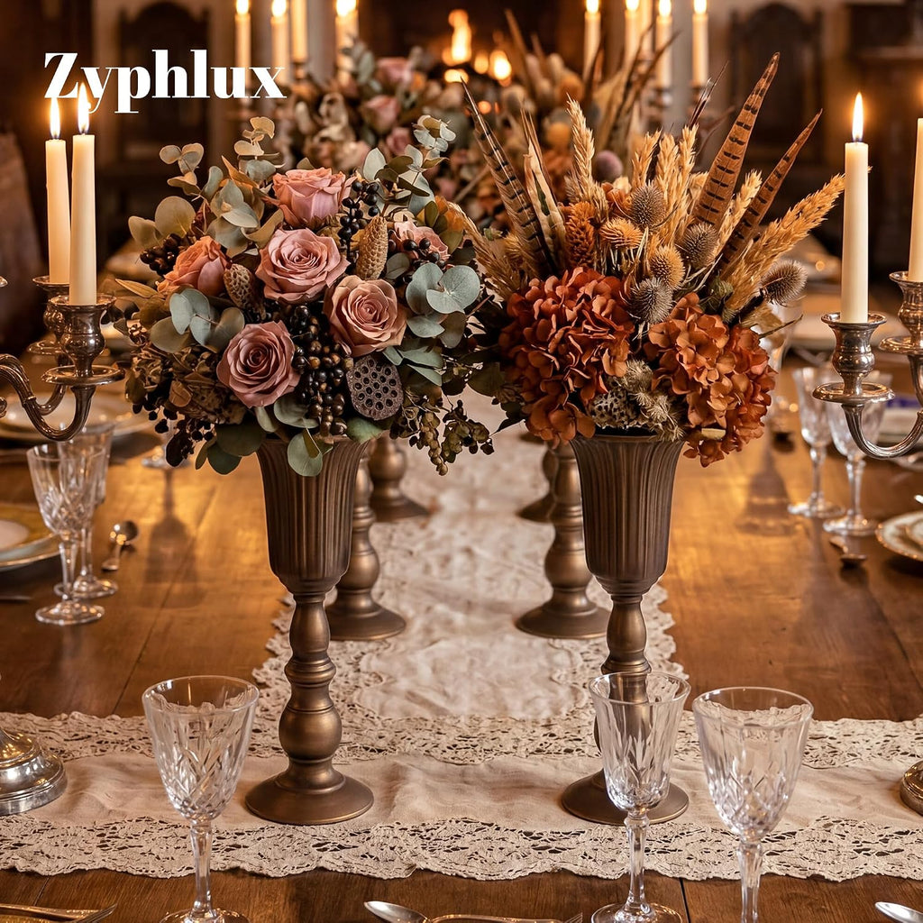 Antique Bronze Tall Trumpet Vases Centerpieces for Tables, 4 Pcs | 12.7in Vintage Metal Flower Stand, One-Piece No