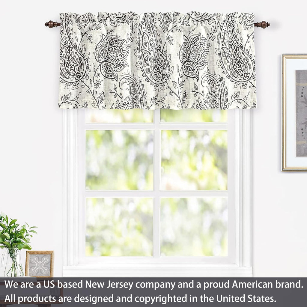 Jacob Linen Blend Blackout Valance 18 Inch Length Scroll Floral Paisley Printed Lined Rod Pocket Room Darkening Linen