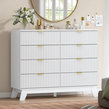 8 Drawer Fluted, Mid Century Modern with 8 Drawers, Dressers & Chests of Drawers with Metal Handle, TV Stand &