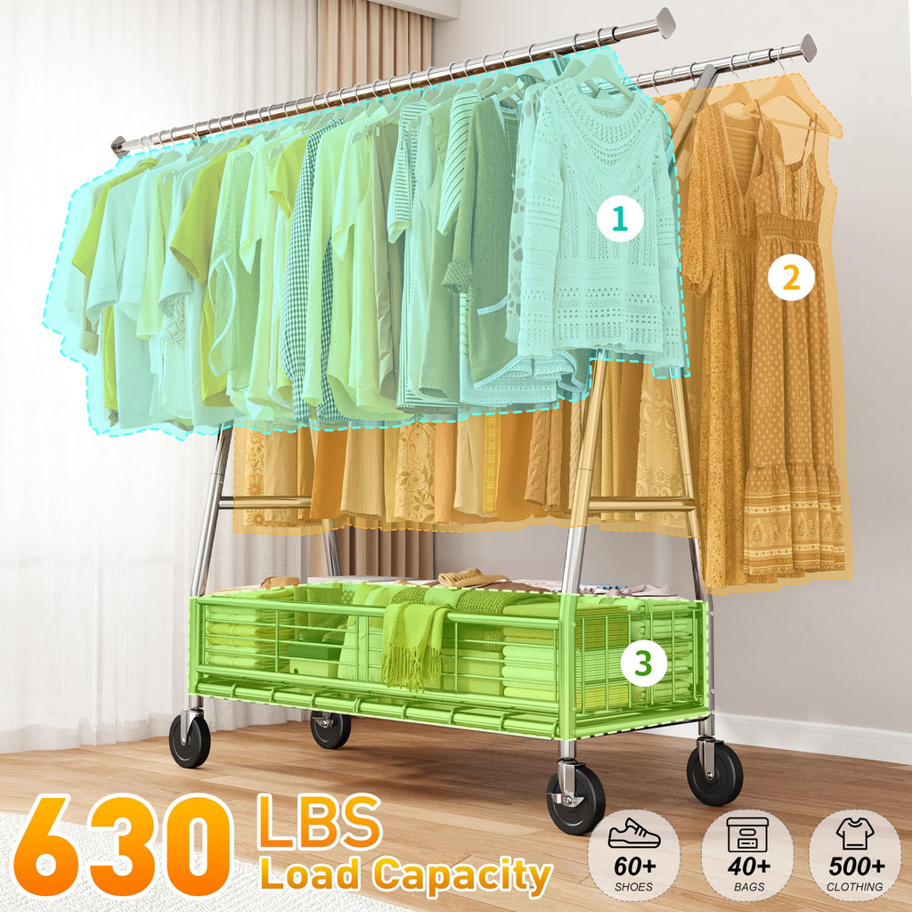 630LBS Rolling Clothes Rack, Extendable 42-65" W Clothing Rack