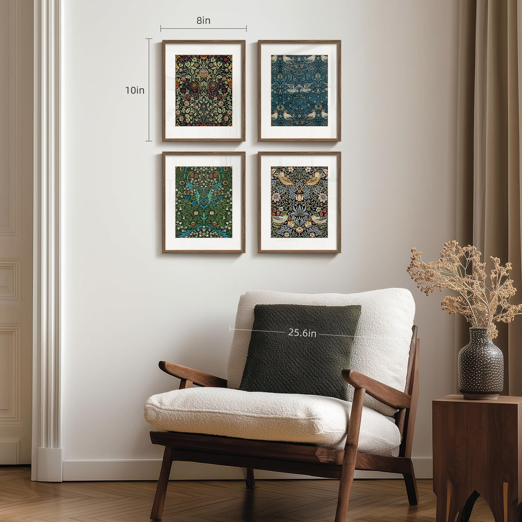 Framed William Morris Canvas Wall Art, 4 Piece Vintage Botanical Floral Bird Wall Art Decor, Retro Strawberry Thief
