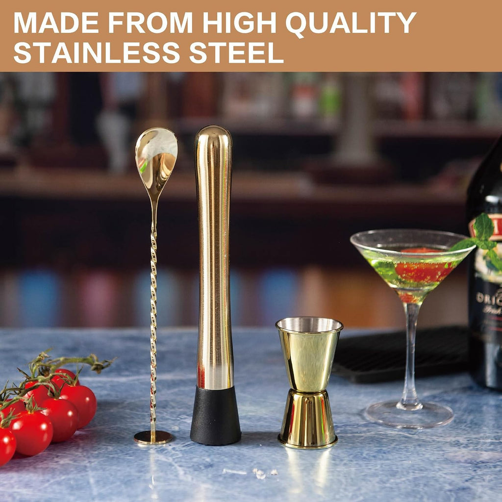 3-Pcs Gold Muddler & Mixing Tools Set, 10" Muddler, 12" Cocktail Spoon & 1 oz/2 oz Double Jigger, Bar Tool Set - Set of 3