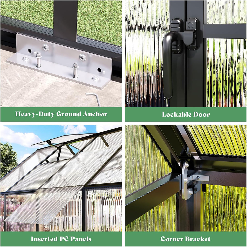 6x12 Ft Polycarbonate Greenhouse for Outdoors, Walk-in Design with Aluminum Frame, 2 Windows and Swing Door