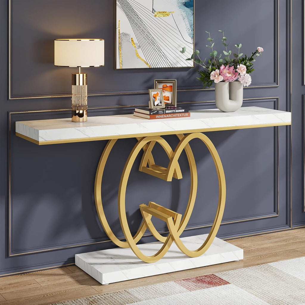 55 Inch Console Table , Faux Marble Gold Entryway Table with Geometric Metal Base, Modern Narrow Sofa Accent Table