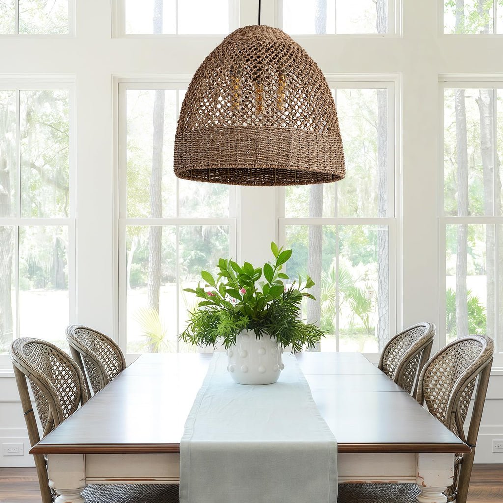 19" Rattan Pendant Light, 3-Light Boho Seagrass Chandelier