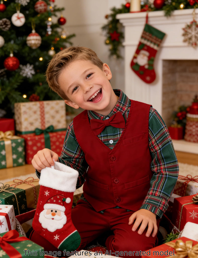 Christmas Outfit Boy Baby Dress Suit Green Plaid and Red