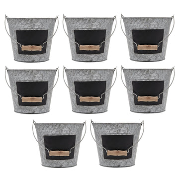 Galvanized Metal Chalkboard Bucket with Wooden Handle 7 Inch Dia - Set of 8 Rustic Farmhouse Floral Planter, Ideal