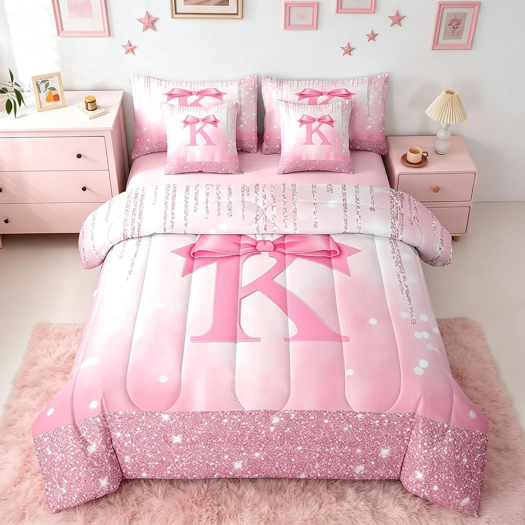 Kids Pink Bowknot 7 Pieces Bedding Set Full, Personalized Initial K Bed in A Bag Princess Glitter Comforter Set with