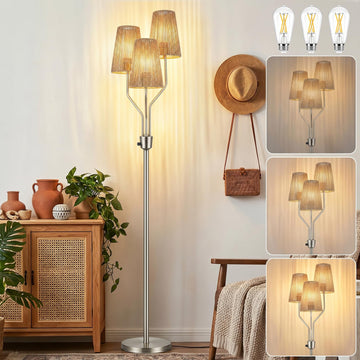 Boho Floor Lamp, Farmhouse Rattan 3-Light Floor Lamp