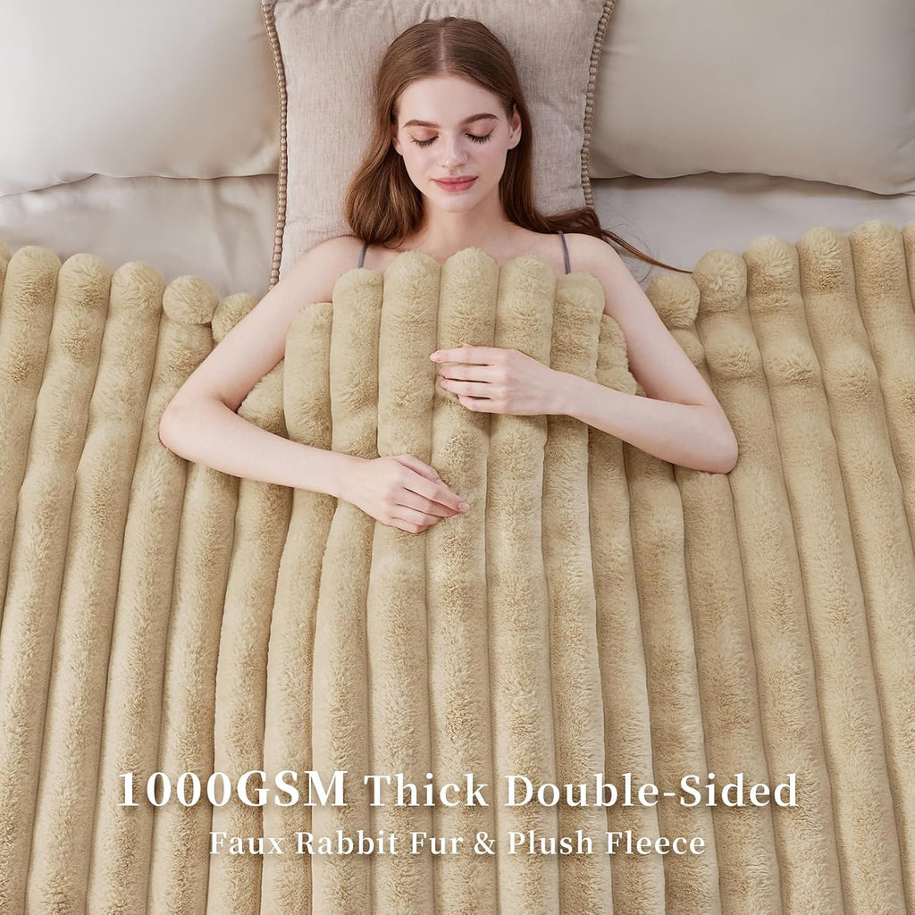 Faux Fur Throw Blanket, 1000GSM Thick Fluffy Fur Throw, 90"X104" | Plush Cozy Luxury Striped Faux Fur Blanket, Warm