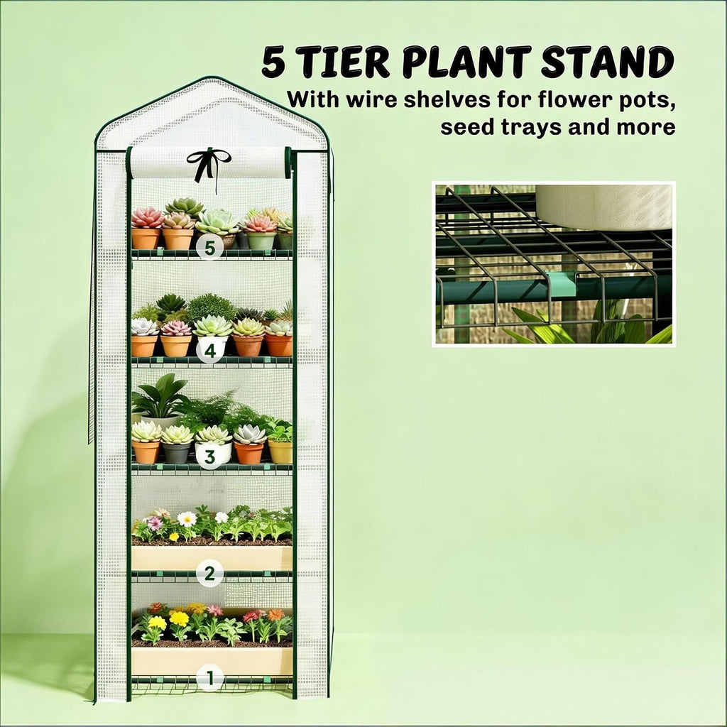 Portable Five-Tier Mini Greenhouse with Steel Frame | Five-tier plant shelf with 22 lb weight capacity per shelf