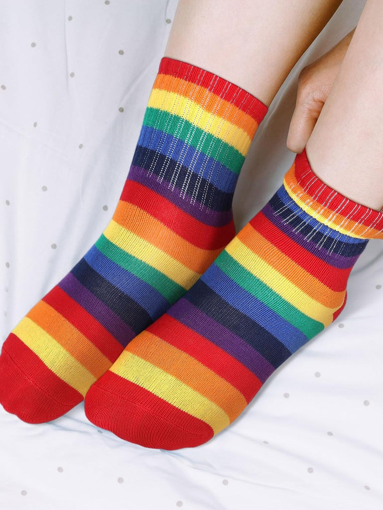 6 Pairs Kids Boys Crew Socks Kids Cotton Rainbow Stripe Calf Breathable Athletic Socks for Girls and Boys