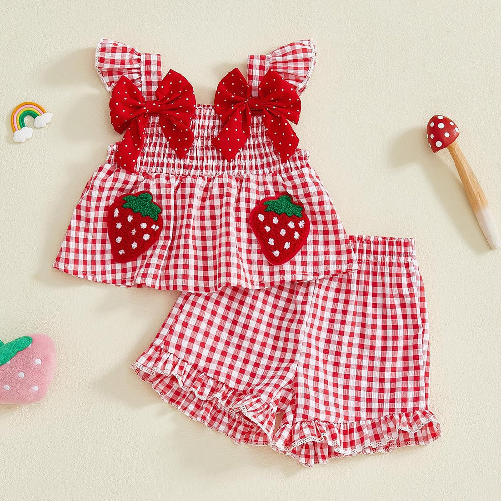 Toddler Baby Girl Outfits Summer Ruffle Shirt Tops Dress Plaid Shorts Cute Strawberry Embroidered Clothes Set