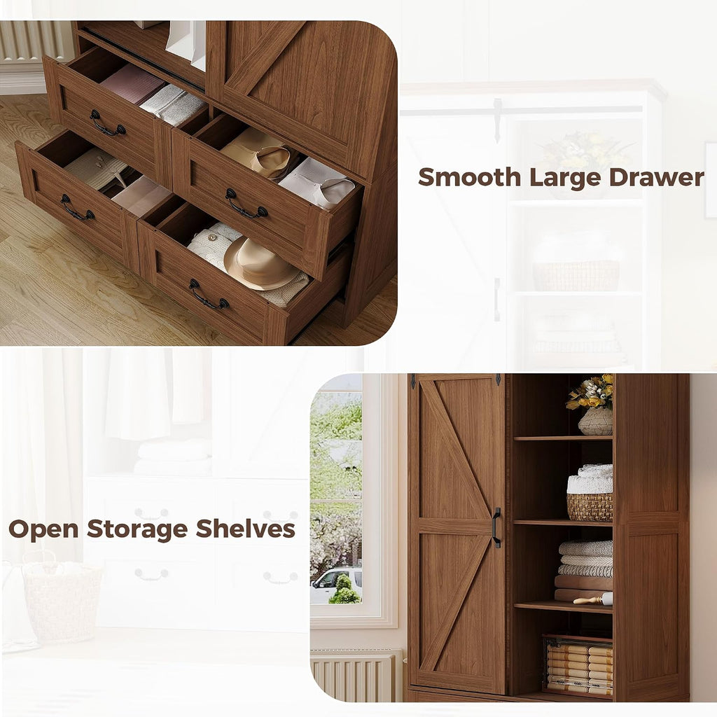 Armoire Wardrobe Closet with 4 Drawers,71" Wardrobe Cabinet with Sliding Barn Doors, Tall Clothing Storage Cabinet