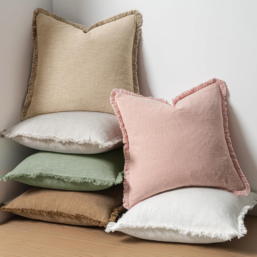 Boho Linen Fringe Decorative Throw Pillow Covers Sage Green 18x18