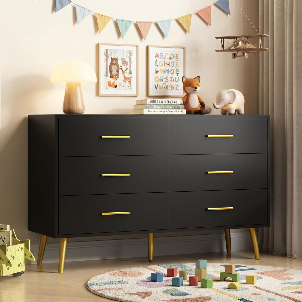 Black 6 Drawer Dresser, 47" Wood Dresser with Gold Handles