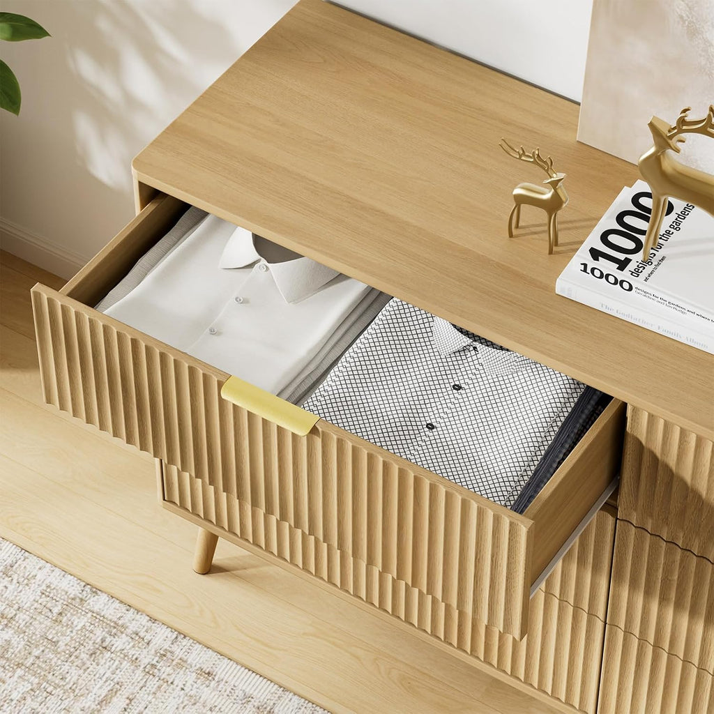 55" Wide Fluted Dresser with 6 Drawer, Modern Chest of Drawers with Curved Profile Design and Metal Handles, Wood