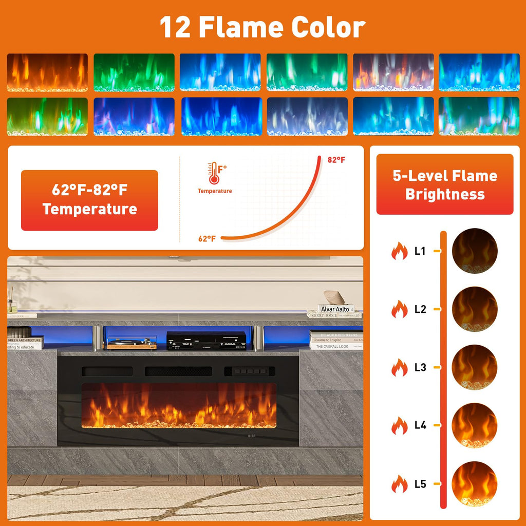 80", Modern Entertainment Center & 36 Inch Electric Fireplace with Remote Control, LED Light, Fire Place Tv Stand