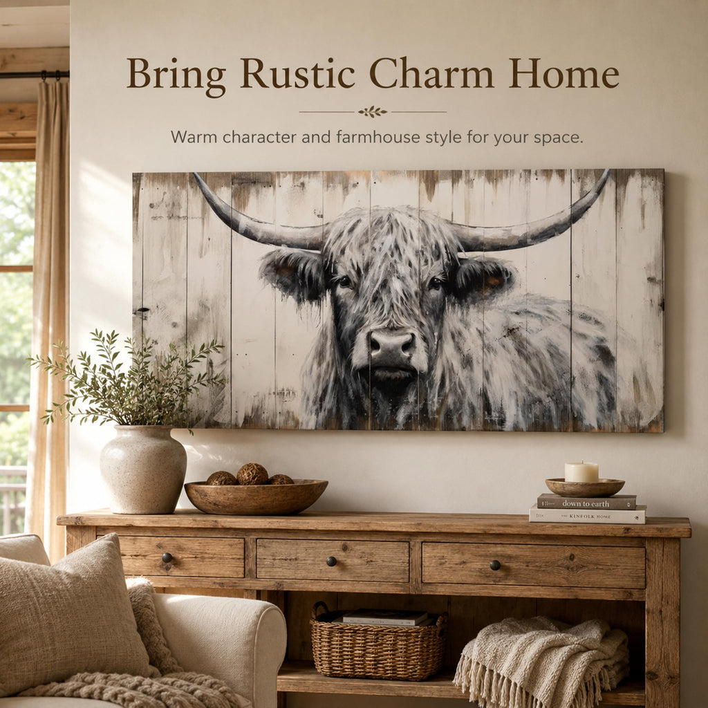Large Highland Cow Canvas Wall Art, Black and White Cow Picture, 24x48 Inch