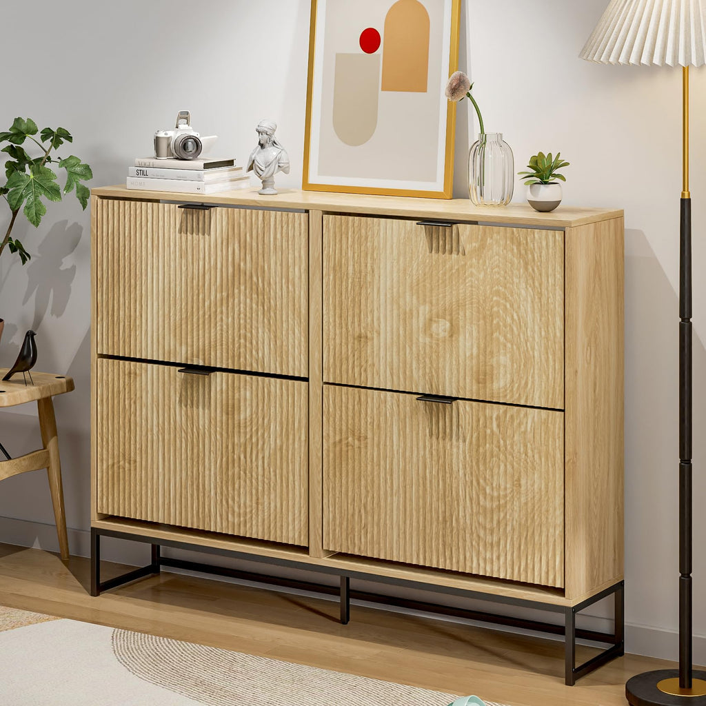 Shoe Cabinet Storage Slim Modern Shoe Rack Cabinet with 4 Flip Drawers Tipping Wooden Narrow Shoe Cabinet