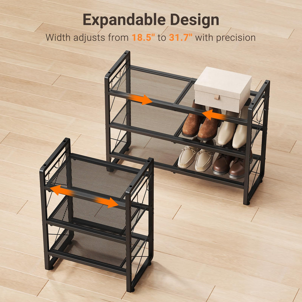 Expandable Shoe Rack for Closet, 3-Tier Metal Black Shoe Organizer
