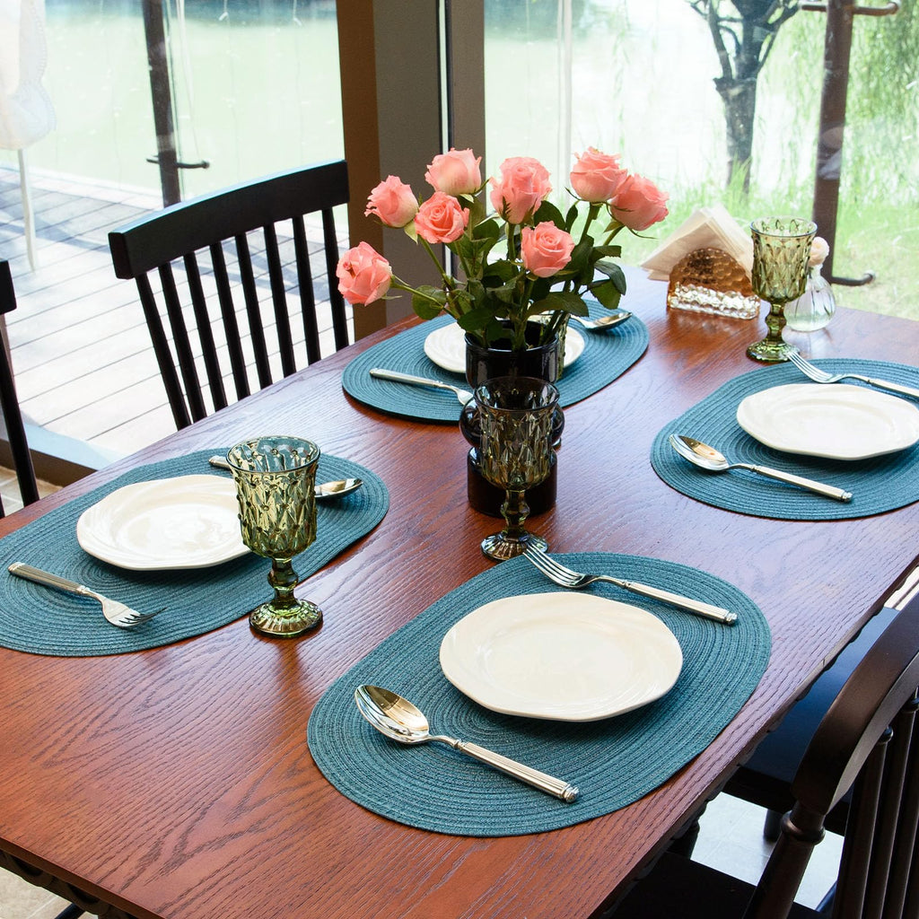Placemats Set of 6, Woven Oval Braided Dining Table Mats(Teal Blue)