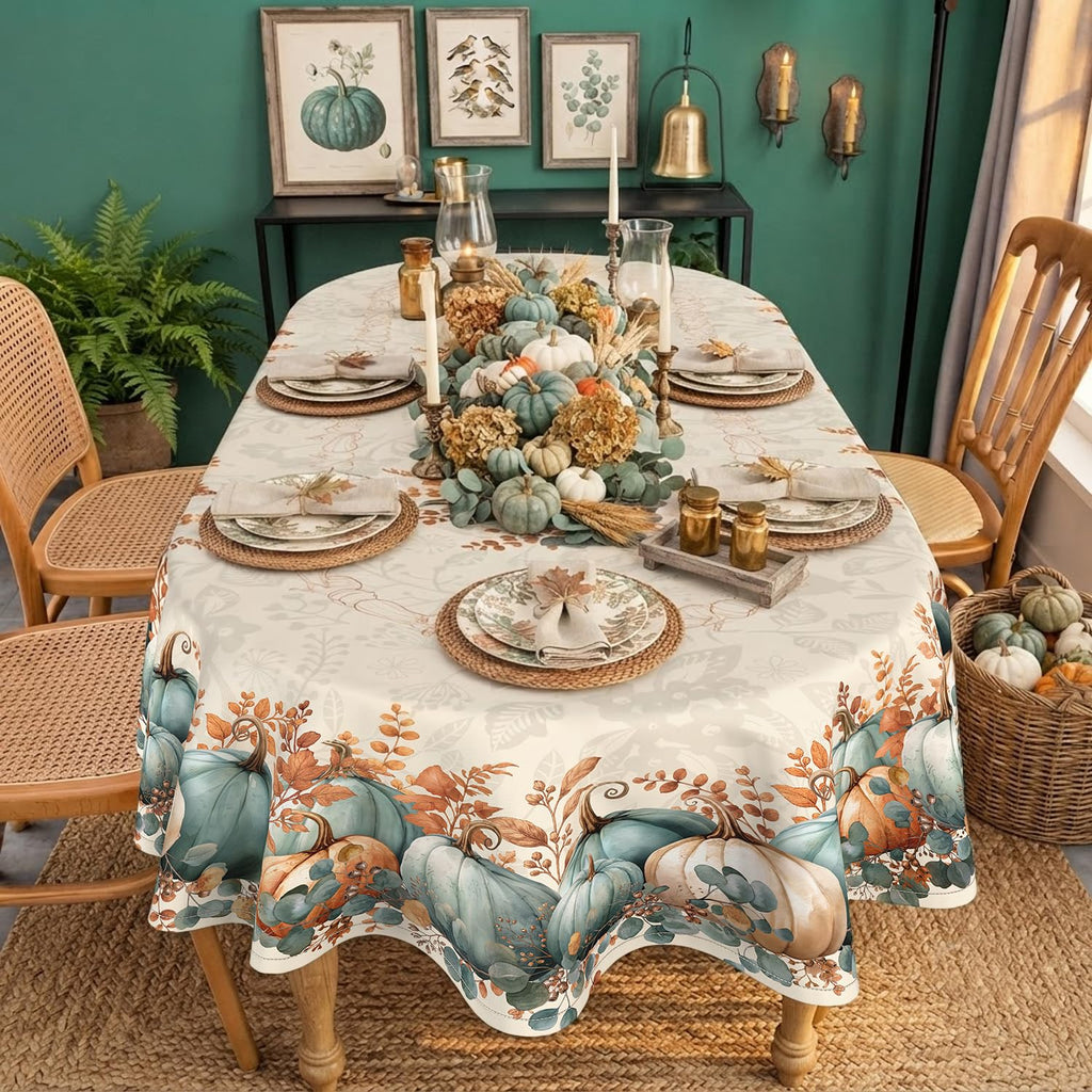 Fall Oval Tablecloth 60 x 84 Inch, Stain Resistant Washable Fabric Autumn Pumpkin Table Cloth Oval Fall Tablecloth
